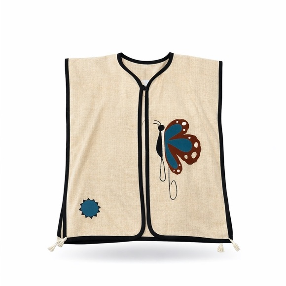 Unbranded Tops - Unbranded Canvas Smock Top Size Unknown Beige Embroidered Butterflies Tassels